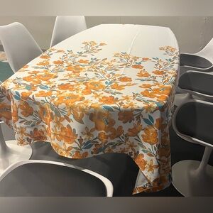 Handmade Floral Tablecloth 90”x52” Orange & Teal Flowers on Cream Rectangle